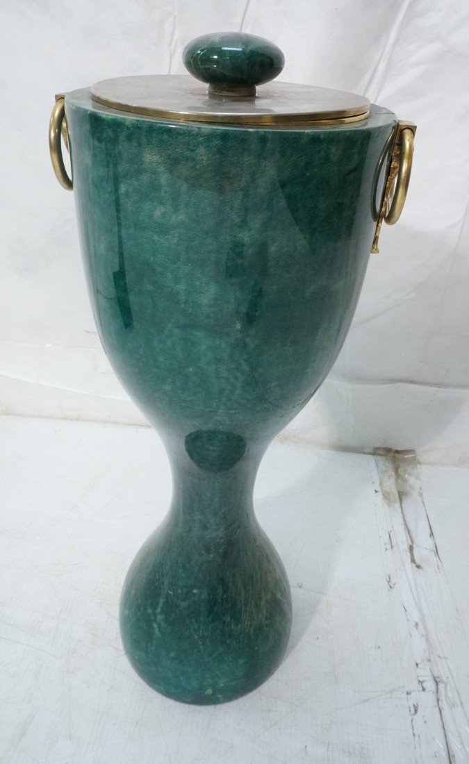 Goatskin ALDO TURA Floor Model Ice Bucket. Green: Goatskin ALDO TURA Floor Model Ice Bucket. Green Lacquered Goatskin. Not marked.-- Dimensions: H: 25.5 inches: W: 10.25 inches ---
