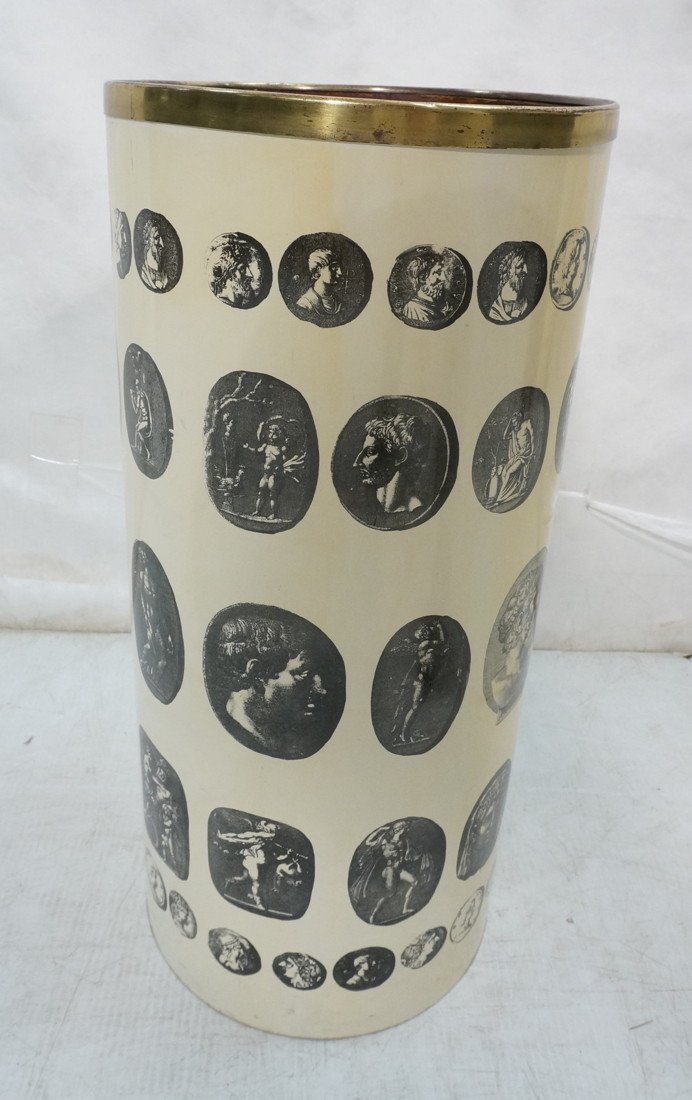PIERO FORNASETTI Umbrella Stand. Italian. Cylind: PIERO FORNASETTI Umbrella Stand. Italian. Cylinder form decorated with rows of portrait medallions. Brass top trim. Marked with ink stamp to interior bottom. -- Dimensions: H: 22 inches: W: 10 inches: