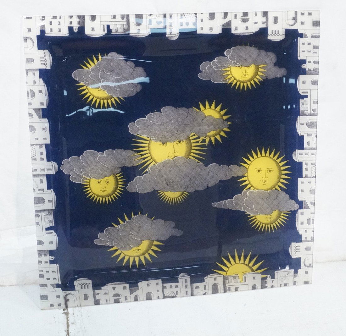 PIERO FORNASETTI Acrylic Table Top Wall Hanging.: PIERO FORNASETTI Acrylic Table Top Wall Hanging. "Soli e Lune" on Cobalt Blue Background. Suns & Moons. Italian. Square. Marked-- Dimensions: H: 33.75 inches: W: 33.75 inches ---