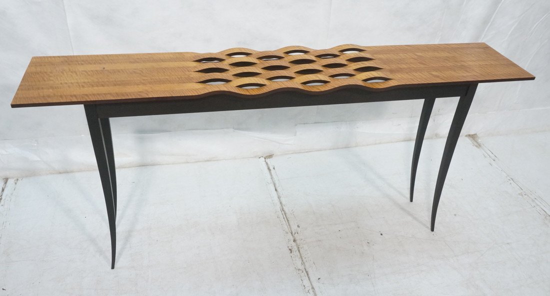 American Craft Studio Woodworker Hall Table. Wav: American Craft Studio Woodworker Hall Table. Wave Form Top. Graceful tapered bowed legs. Tigered maple wood grain top console table. Ebonized base. Not signed. -- Dimensions: H: 29.75 inches: D: 12 in