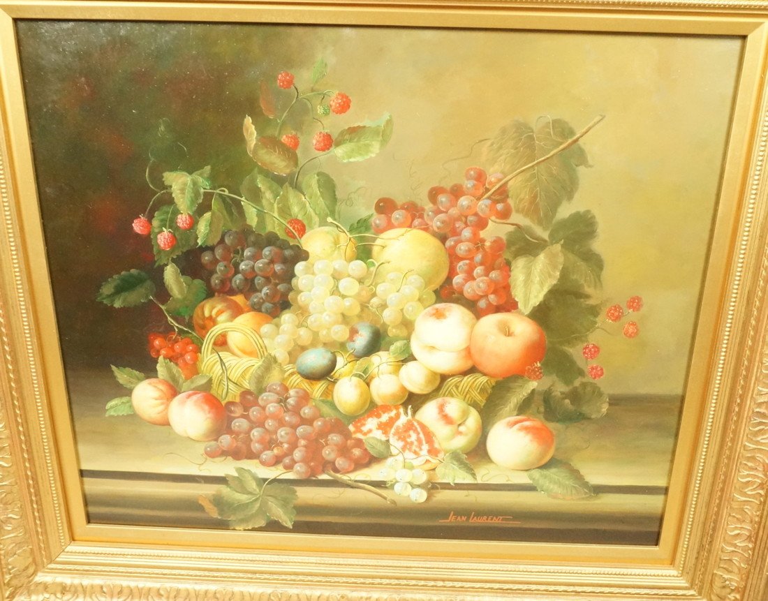 JEAN LAURENT Oil Painting Board. Fruit Still Life: JEAN LAURENT Oil Painting Board. Fruit Still Life. Grapes, Peaches, Pomegranate. Artist's Bio on Reverse. -- Dimensions: Image Size: H: 19 inches: W: 23.25 inches ---