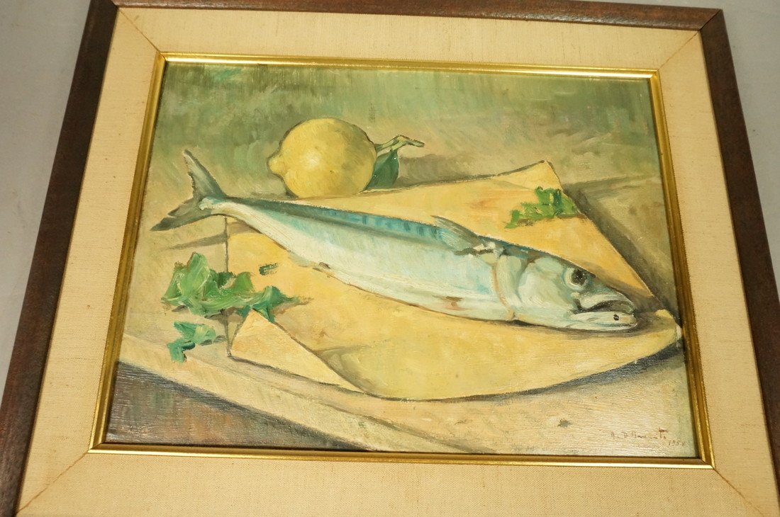 A. D'AMATO 1958 Fish Still Life Oil Painting on Board: A. D'AMATO '1958 Oil Painting Board. Still Life with Fish and Lemon. Signed & dated.-- Dimensions: Image Size: H: 11.5 inches: W: 15.5 inches ---