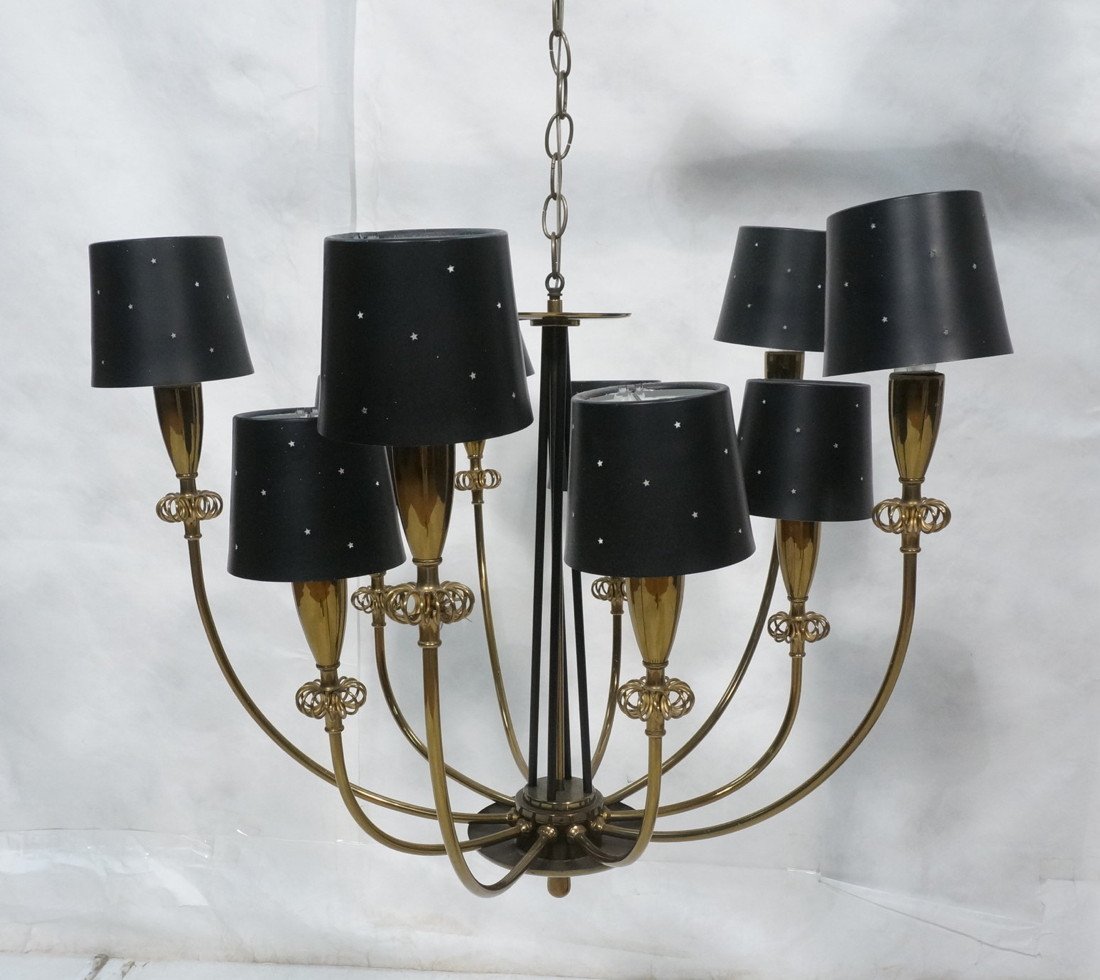 Paavo Tynell Style 10 Arm Brass Chandelier Hanging Lamp: Paavo Tynell Style Chandelier Hanging Lamp. 10 arms with brass frame and black shades. Pierced shades.-- Dimensions: H: 24 inches: W: 29 inches ---