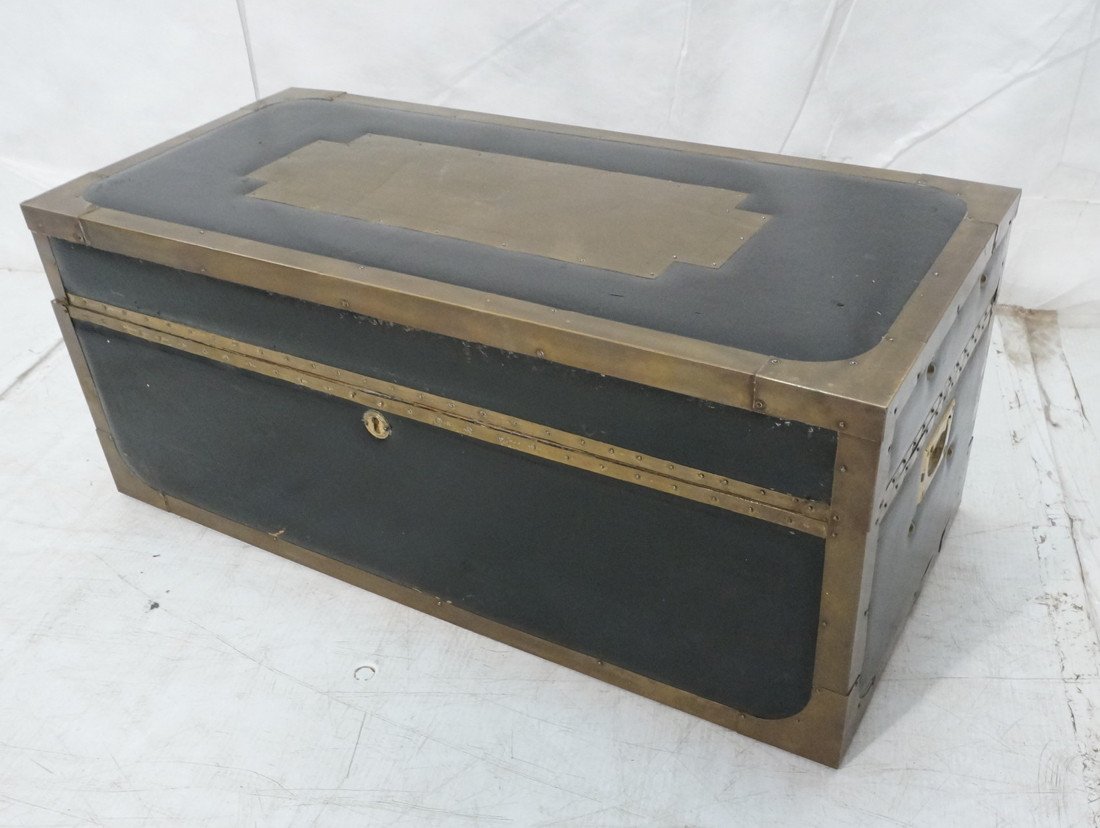 Italian Brass Bound Black Leather Trunk / Coffee Table: Brass Bound Black Leather Trunk Coffee Table. Wood lined. marked Made in Italy.-- Dimensions: H: 13 inches: W: 31 inches: D: 14.5 inches ---