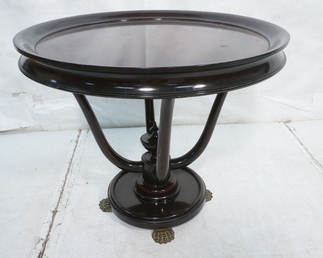 JULES LELEU style French Occasional Table. Art De: JULES LELEU style French Occasional Table. Art Deco Form with Urn center detail. Bronze Paw Feet. Banded Top with metal gallery trim. -- Dimensions: H: 28 inches: W: 32.75 inches: D: 32.75 inches ---