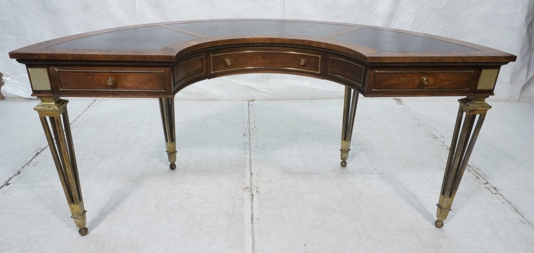 MASTERCRAFT Demi Lune Desk. Burled Wood with Bras: MASTERCRAFT Demi Lune Desk. Burled Wood with Brass Details & Trim. Open form brass legs. Tooled black leather top. Three shaped drawers. Marked.-- Dimensions: H: 29.75 inches: D: 33.5 inches: L: 64.25
