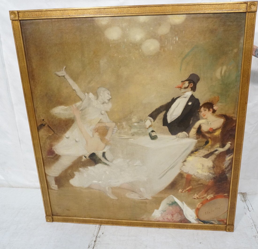 ADOLPHE LEON WILLETTE (French, 1857-1926). "Jealo: ADOLPHE LEON WILLETTE (French, 1857-1926). "Jealous Pierrot" Oil on Canvas. Signed. This oil was one of nine executed by Willette for the interior of L'Auberge du Clou. We have four paintings from the