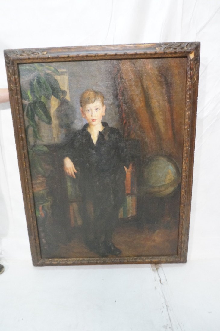 John Jacob (Jack Soble) Large Oil Portrait Painting: Large Oil Portrait of Young Boy. Standing boy in knickers. Bookcase, plant and drape. Not signed. -- Dimensions: Image Size: H: 47.25 inches: W: 35.25 inches ---