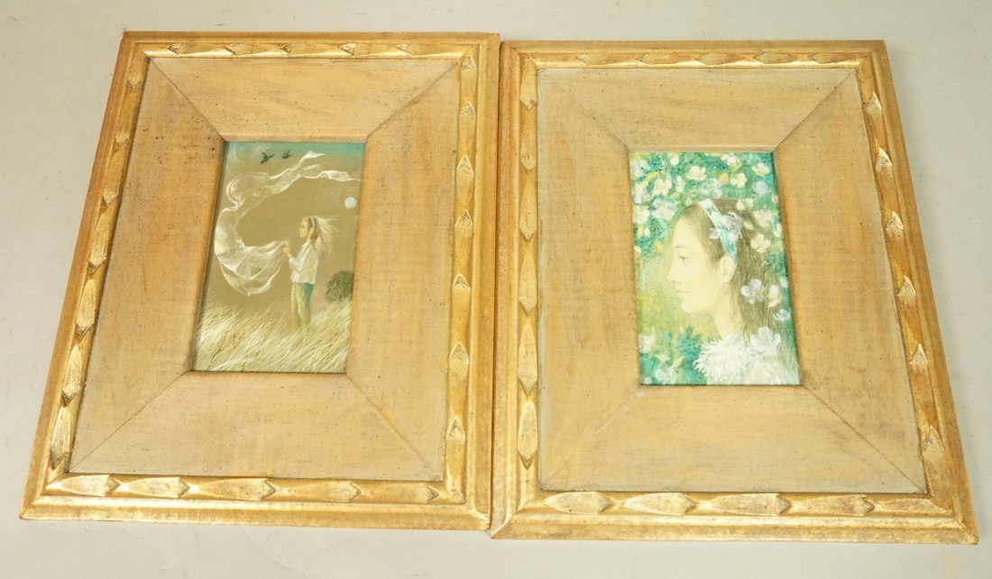 2pc DON LORD. Polymer Tempera Paintings. 1) "Girl: 2pc DON LORD. Polymer Tempera Paintings. 1) "Girl in Flowers". 2) "Windy Day". Marked on back-- Dimensions: H: 6 inches: W: 4 inches --- US Shipping charge: $35