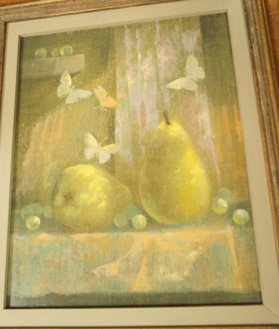 DON LORD. Polymer Tempera Painting. "Pears & But: DON LORD. Polymer Tempera Painting. "Pears & Butterflies". Label-- Dimensions: H: 9.5 inches: W: 7.5 inches ---