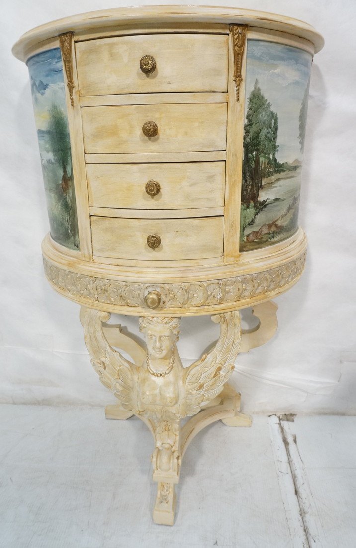 Demi Lune Four Drawer Wall Cabinet. Bowed Sides w: Demi Lune Four Drawer Wall Cabinet. Bowed Sides with paint decorated landscapes. Winged angel base. Distressed antiqued finish. -- Dimensions: H: 38 inches: W: 24 inches: D: 13 inches ---