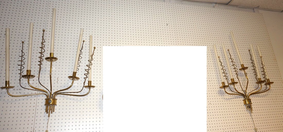 Pr TOMMI PARZINGER Style Brass 5 Candle Sconces.: Pr TOMMI PARZINGER Style Brass 5 Candle Sconces. Nine arm wall sconces with five lights.-- Dimensions: H: 34 inches: W: 26.5 inches: D: 7 inches ---