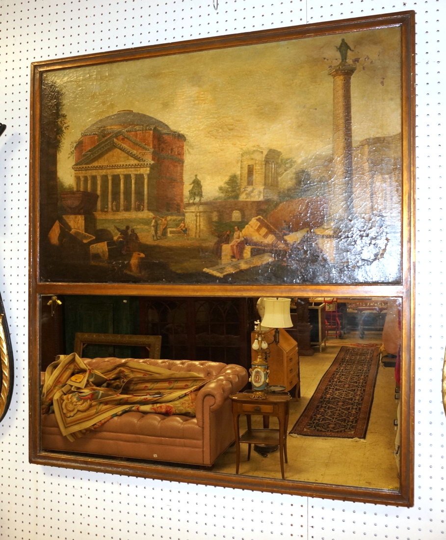 Antique Oil Painting of Rome Wall Trumeau Mirror: Antique Oil Painting Rome Wall Mirror. O/C. Roman scene with Pantheon, Equestrian Statue, Column. Painting is 24"H x 39"W-- Dimensions: H: 46.25 inches: W: 42 inches ---