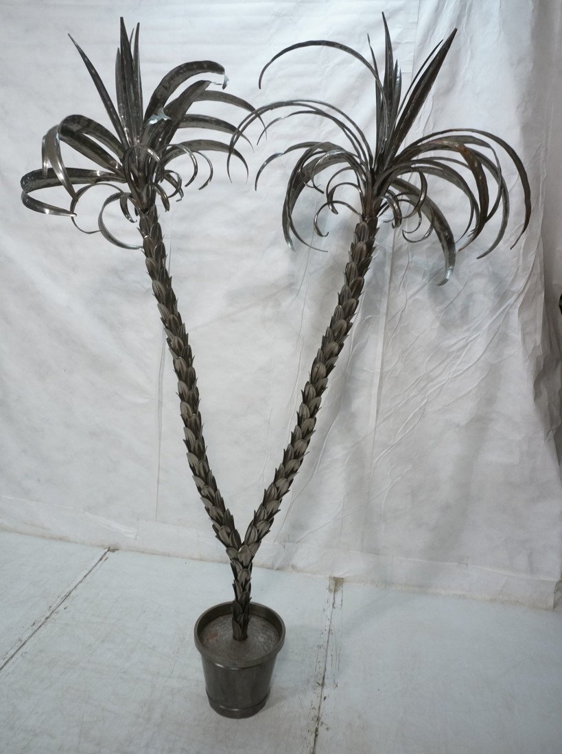 Tall ITALIAN Figural Silver Metal Palm Tree Sculp: Tall ITALIAN Figural Silver Metal Palm Tree Sculptures. Potted Palms. Elaborate detail. Made in Italy sticker. -- Dimensions: H: 94 inches: W: 57 inches: D: 30 inches ---