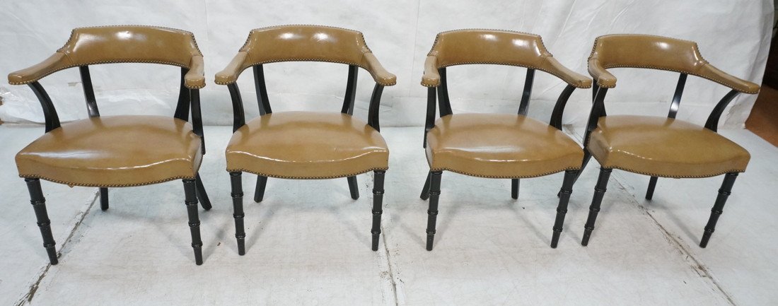 Set 4 Tan Leather Arm Chairs. Ebonized Wood Frame: Set 4 Tan Leather Arm Chairs. Ebonized Wood Frame. Faux Bamboo Front Legs. Leather with metal stud trim. Metal tag BARNARD & SIMONDS. -- Dimensions: H: 30 inches: W: 22.5 inches: D: 22.5 inches ---
