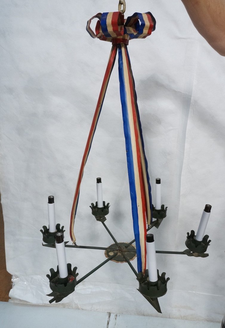 Toleware French Ribbon Chandelier. Six Arm Iron H: Toleware French Ribbon Chandelier. Six Arm Iron Hanging Light with red, white & blue painted design. Bow on top. Mottahedeh Design label.-- Dimensions: H: 27.5 inches: W: 22 inches ---