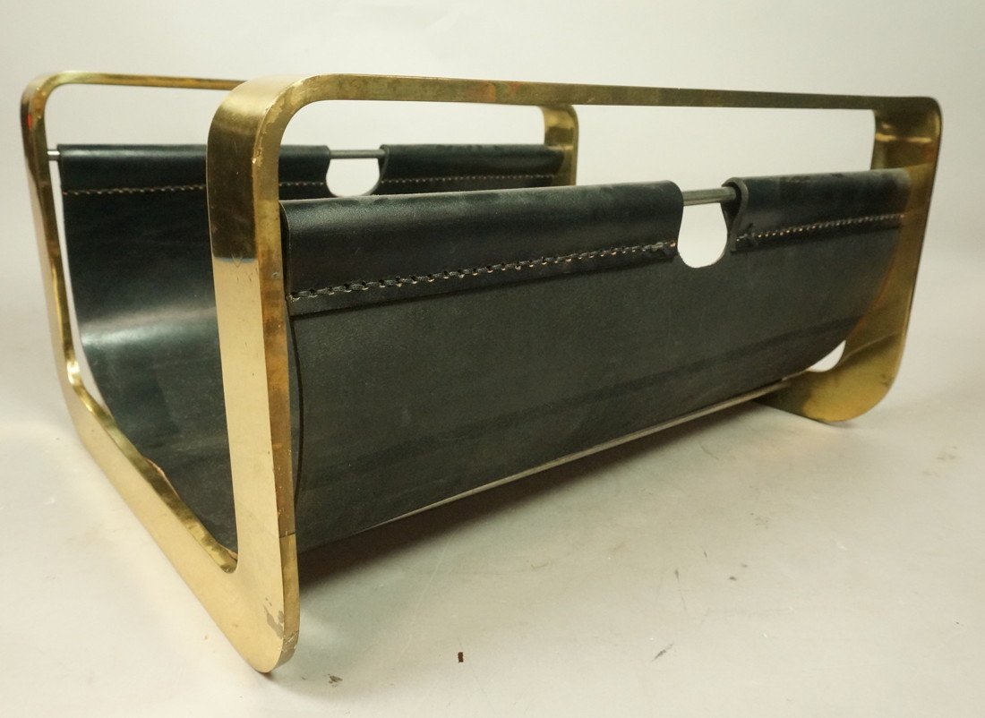ALESSANDRO ALBRIZI style Modernist Magazine Rack.: ALESSANDRO ALBRIZI style Modernist Magazine Rack. Wide Brass Frame with Black Leather. Albrizi. Italy. Not marked.-- Dimensions: H: 9 inches: W: 18 inches: D: 14 inches ---