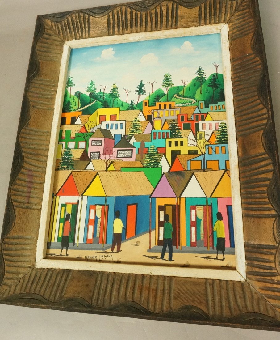 FRITZNER LAMOUR Haitian Colorful Painting on Pane: FRITZNER LAMOUR Haitian Colorful Painting on Panel. Houses with Four Figures. -- Dimensions: H: 15.25 inches: W: 11.25 inches ---