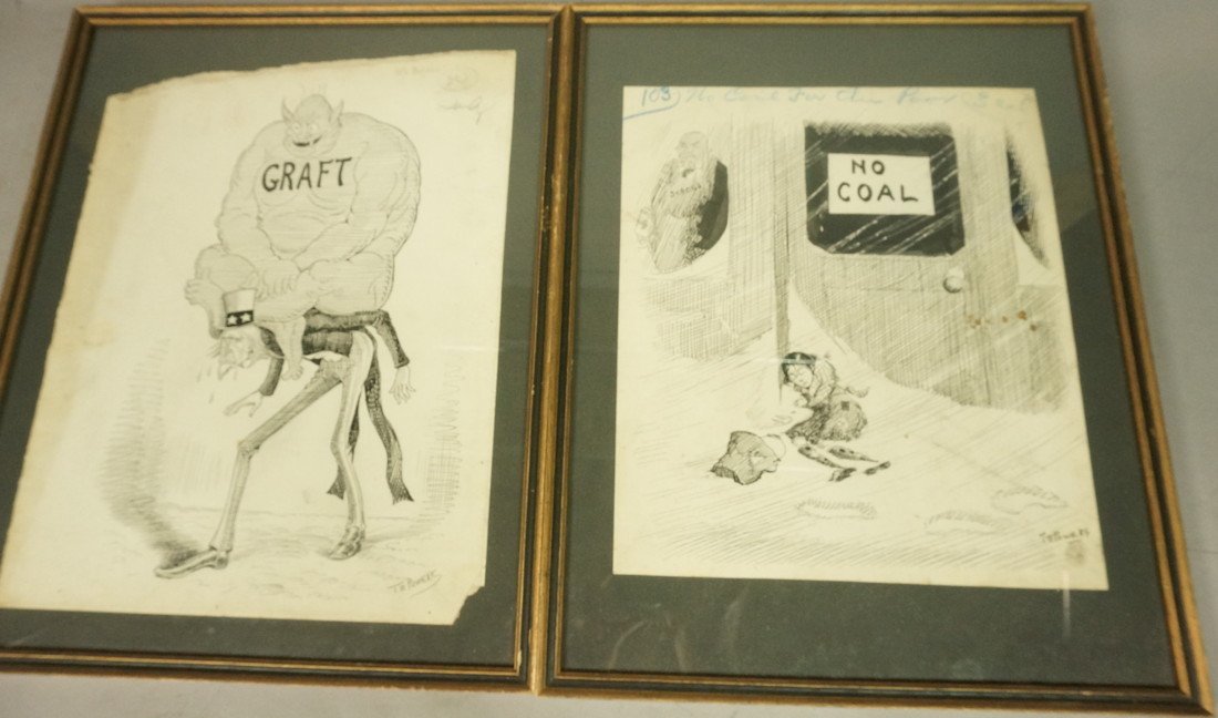 2pc Political Illustrations Sketches. T E POWERS.: 2pc Political Illustrations Sketches. T E POWERS. 1). "No Coal for the Poor" 2) "Graft". Both signed. -- Dimensions: H: 15 inches: W: 11.5 inches ---
