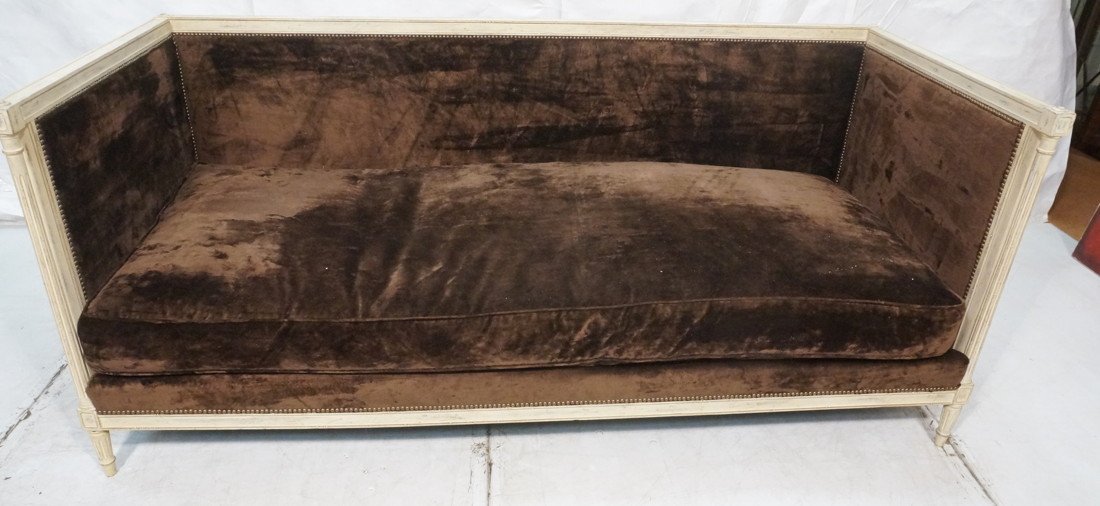 Large oversized davenport sofa. Distressed painte: Large oversized davenport sofa. Distressed painted finish. Brown velvet upholstery. Missing back cushion.-- Dimensions: H: 36 inches: W: 84 inches: D: 35 inches ---