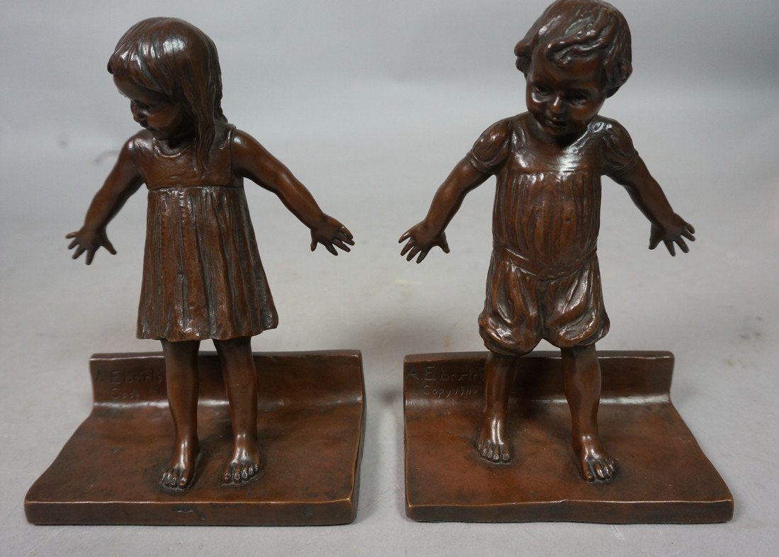 Abastenia St. Leger Eberle Bronze Hide & Seek Bookends: Pr A. EBERLE Bronze Figural Bookends. Boy & Girl. Children. Signed. Copyright 1911-- Dimensions: H: 7 inches: W: 4.75 inches: D: 3 inches --- US Shipping charge: $20