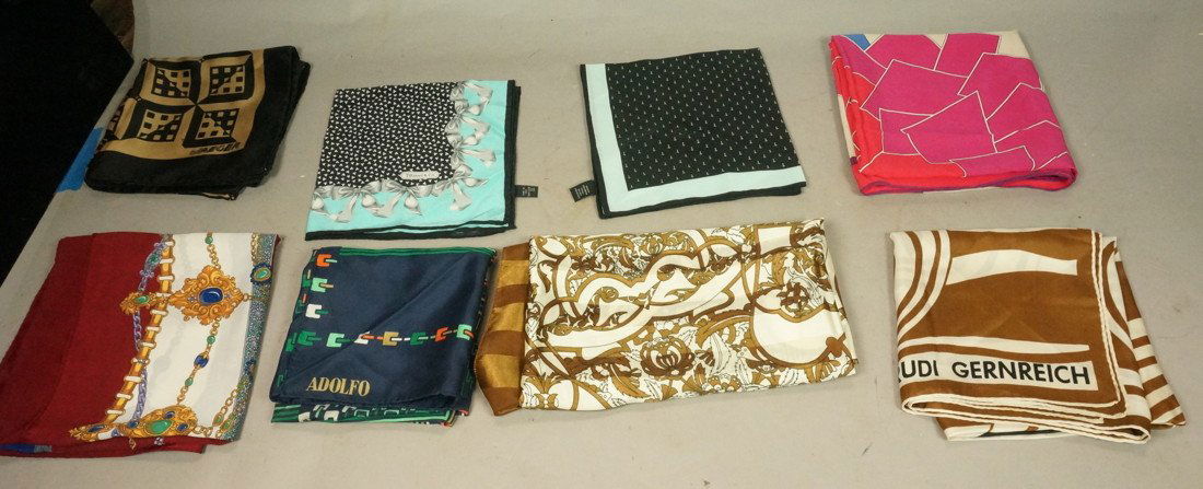 Lot 8 Silk Scarves. HERMES, RUDI GERNREICH, GRESA: Lot 8 Silk Scarves. HERMES, RUDI GERNREICH, GRESADOLFO, JAEGER, TIFFANY etc. Large 34 x 34 HERMES Jeweled scarf with some stains.-- Dimensions: --- US Shipping charge: $9