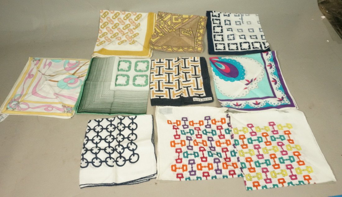 Lot 10 cotton Designer Scarves hankies. 2 GUCCI,: Lot 10 cotton Designer Scarves hankies. 2 GUCCI, 2 EMILIO PUCCI, 2 SALVATORE FERRAGAMO, 4 GIVENCHY. Most are approx 16" squares-- Dimensions: --- US Shipping charge: $9
