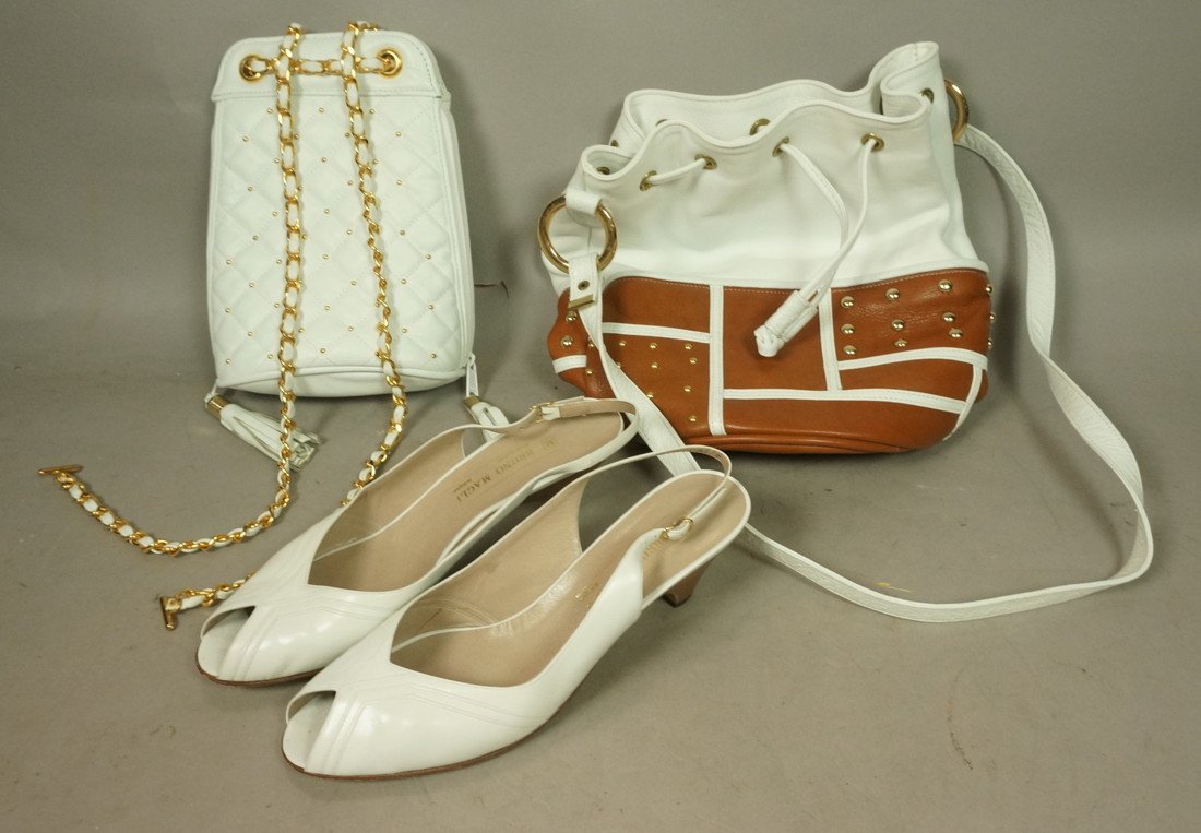 3pc Fashion Lot. 1). BRUNO MAGLI Size 9.5B White: 3pc Fashion Lot. 1). BRUNO MAGLI Size 9.5B White leather Sling Backs. 2) White Leather Quilted Handbag with gold dot accents; not marked. 3). White Leather Handbag with brown leather details. gold stu