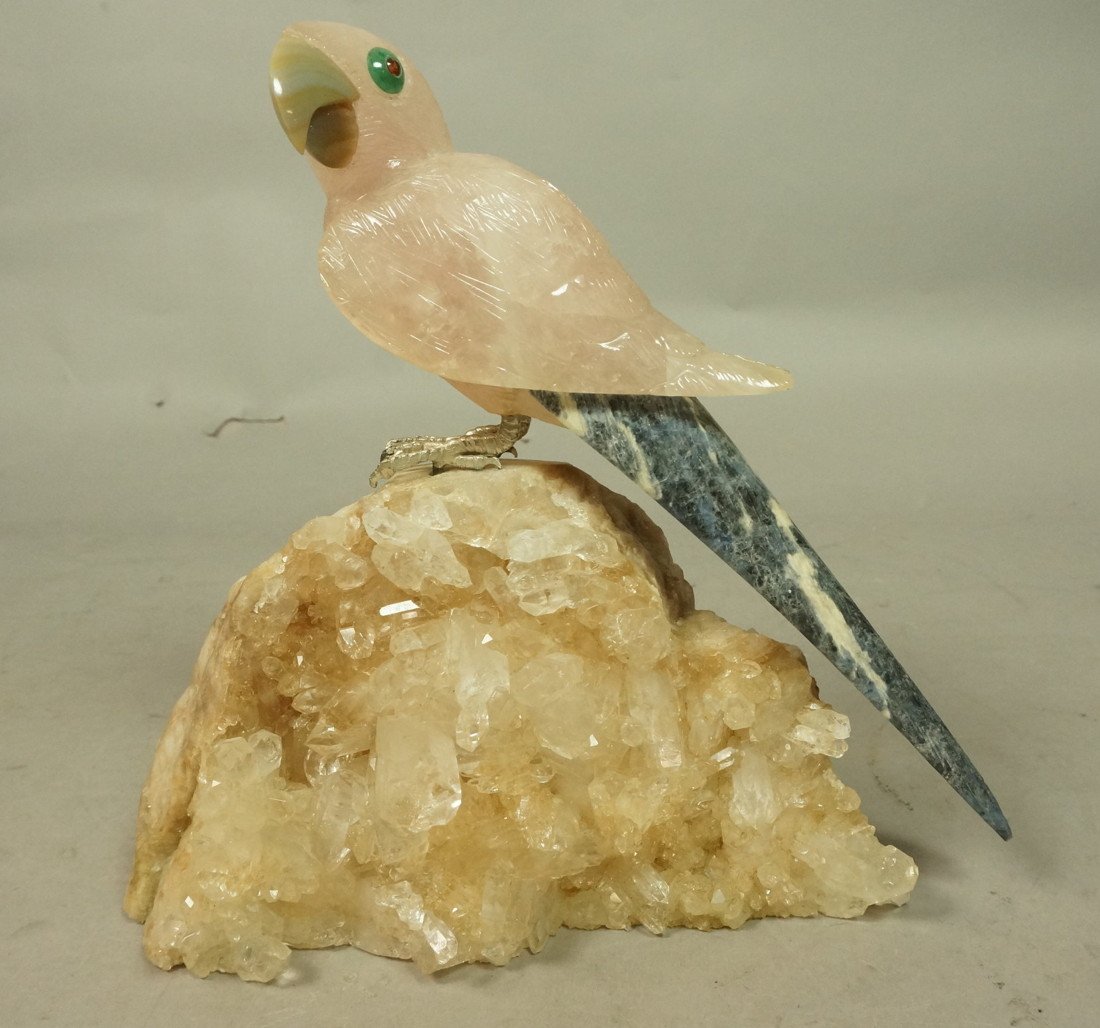 Large Rose Quartz Carved Bird Figure. Long Sodali: Large Rose Quartz Carved Bird Figure. Long Sodalite Tail. On large Rock Crystal Chunk Base. Marked ARTUR on chest. Agate beak. -- Dimensions: H: 9 inches: W: 9 inches: D: 5 inches --- US Shipping char