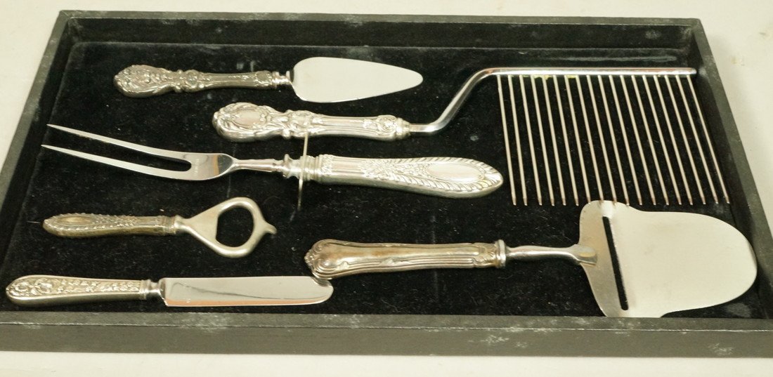 6pc Sterling Handled Serving Pieces. Cake Server.: 6pc Sterling Handled Serving Pieces. Cake Server. Bottle Opener. Cheese Knife. One is Steiff. -- Dimensions: : L: 10.5 inches --- US Shipping charge: $20