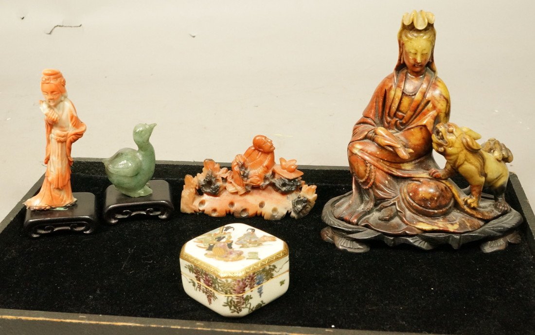5pc Lot Asian Sculpture Lot - Coral / Soapstone / Stone: 5pc Lot Asian Sculpture lot. 1 coral sculpture, 2 soapstone sculptures, carved green stone bird, small box.-- Dimensions: H: 6.25 inches: W: 5.5 inches: D: 3 inches --- US Shipping charge: $35