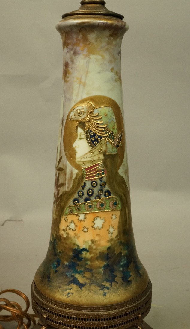 Amphora Art Pottery Portrait Vase on Metal Base.: Amphora Art Pottery Portrait Vase on Metal Base. "Allegory of Germany "Lamp. Portrait Painted. Designed by Nikolau Kannhauser. Made by R.St.K. Reisner, Stellmacher & Kessel. Pottery is 10.25"H x 4.5"W