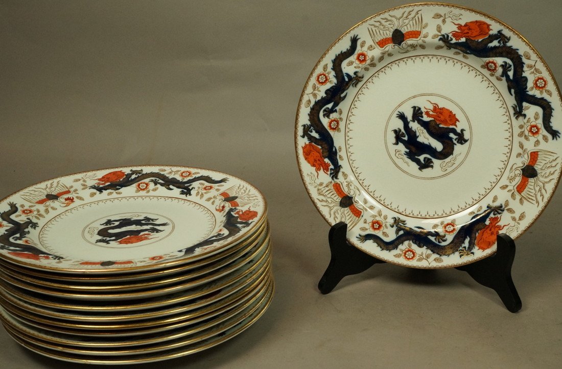 Set 12 MINTON Asian Decorated Plates. Chinese Dra: Set 12 MINTON Asian Decorated Plates. Chinese Dragon And Phoenix design. Marked-- Dimensions: H: 10.25 inches: W: 10.25 inches: D: 0 inches ---
