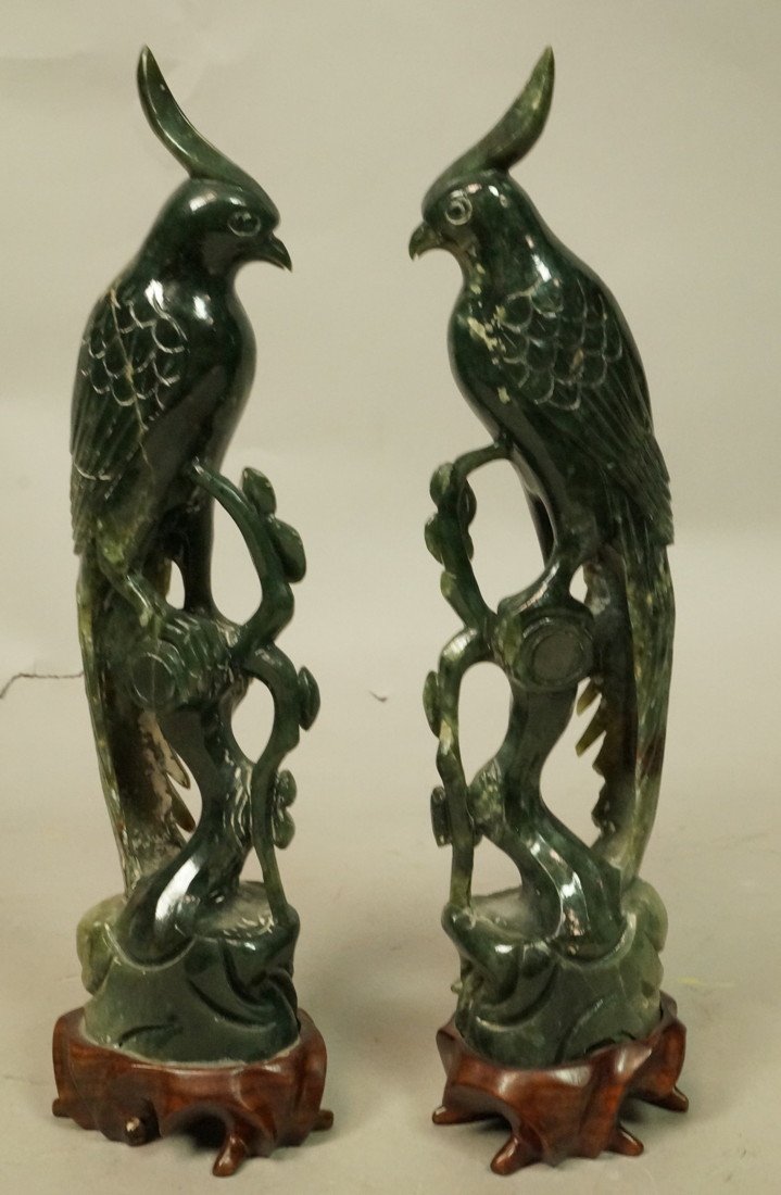 Pair Carved Stone Long Tail Birds. Green stone.: Pair Carved Stone Long Tail Birds. Green stone.-- Dimensions: H: 11.5 inches: W: 3 inches: D: 2 inches --- US Shipping charge: $35