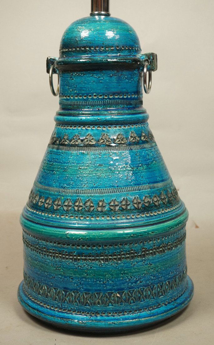 Large RAYMOR by ALDO LONDI for Bitossi Table Lamp: Large RAYMOR by ALDO LONDI for Bitossi Table Lamp. Glazed blue textured ceramics. Two metal ring handles. Marked 8122 base made Italy.-- Dimensions: H: 29 inches: W: 10 inches ---