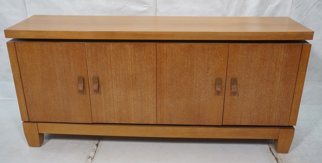 Large Cerused Oak Credenza Sideboard. Leather Pul: Large Cerused Oak Credenza Sideboard. Leather Pulls with brass trim. Thick tapered block legs. Top is plain wood with limed oak doors and sides.-- Dimensions: H: 34 inches: D: 18 inches: L: 72 inches
