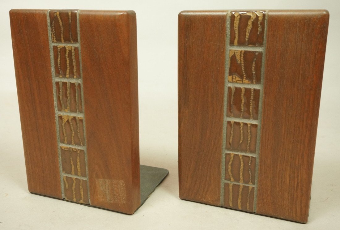 MARTZ for Marshall Studios Ceramic Wood Bookends.: MARTZ for Marshall Studios Ceramic Wood Bookends. Six pottery MARTZ tiles set in grout in walnut bookends. Paper label.-- Dimensions: H: 7.5 inches: W: 5 inches: D: 4 inches --- US Shipping charge: $2