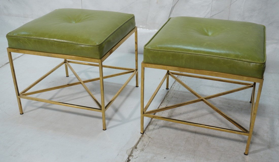 Pr Brass Paul McCobb style Brass Stools. Leather: Pr Brass Paul McCobb style Brass Stools. Square Green Leather cushion tops. Thin brass square tube frame with "X" stretcher. Ottoman / Benches Unmarked.-- Dimensions: H: 19 inches: W: 20 inches: D: 20