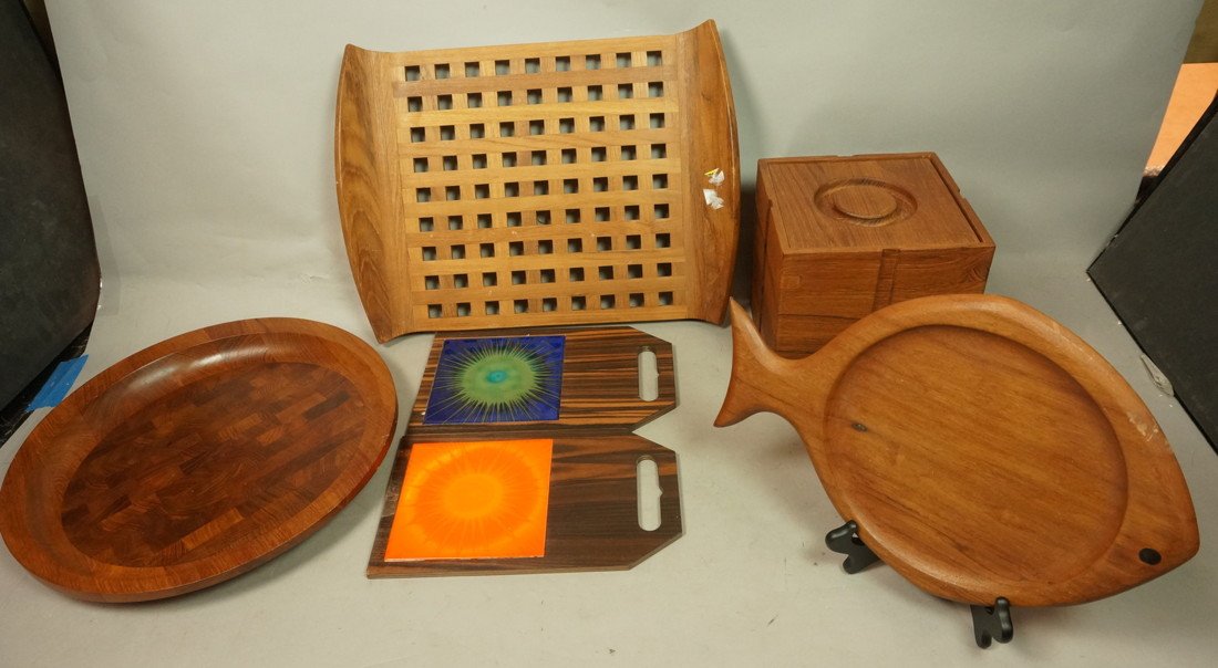6pc Danish Teak Serving Pieces. Tableware. Square: 6pc Danish Teak Serving Pieces. Tableware. Square Cube Ice Bucket. Two Tile Trivets Cutting Boards. GALATIX English Fish shaped Server. Dansk Pierced Tray. Dansk Cutting board-- Dimensions: --- US Shi