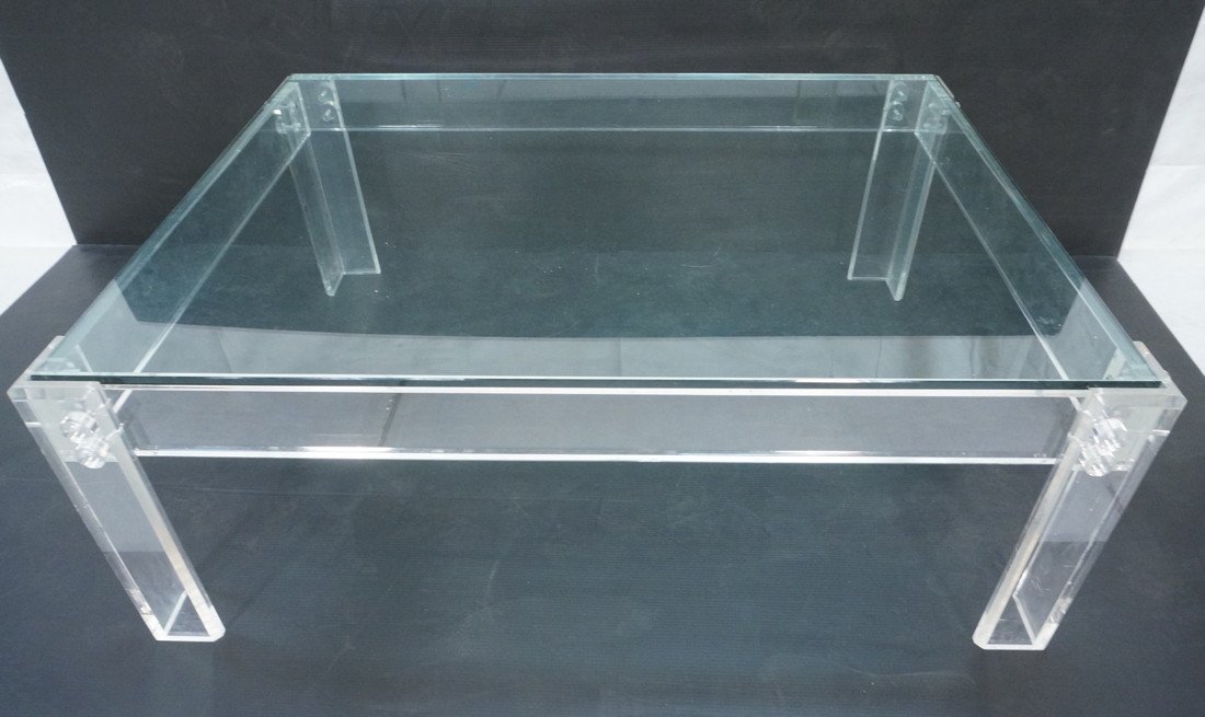 70's Modern Lucite and glass Coffee Cocktail Tabl: 70's Modern Lucite and glass Coffee Cocktail Table. Thick acrylic frame with Thick glass top.-- Dimensions: H: 18.5 inches: W: 51 inches: D: 39 inches ---