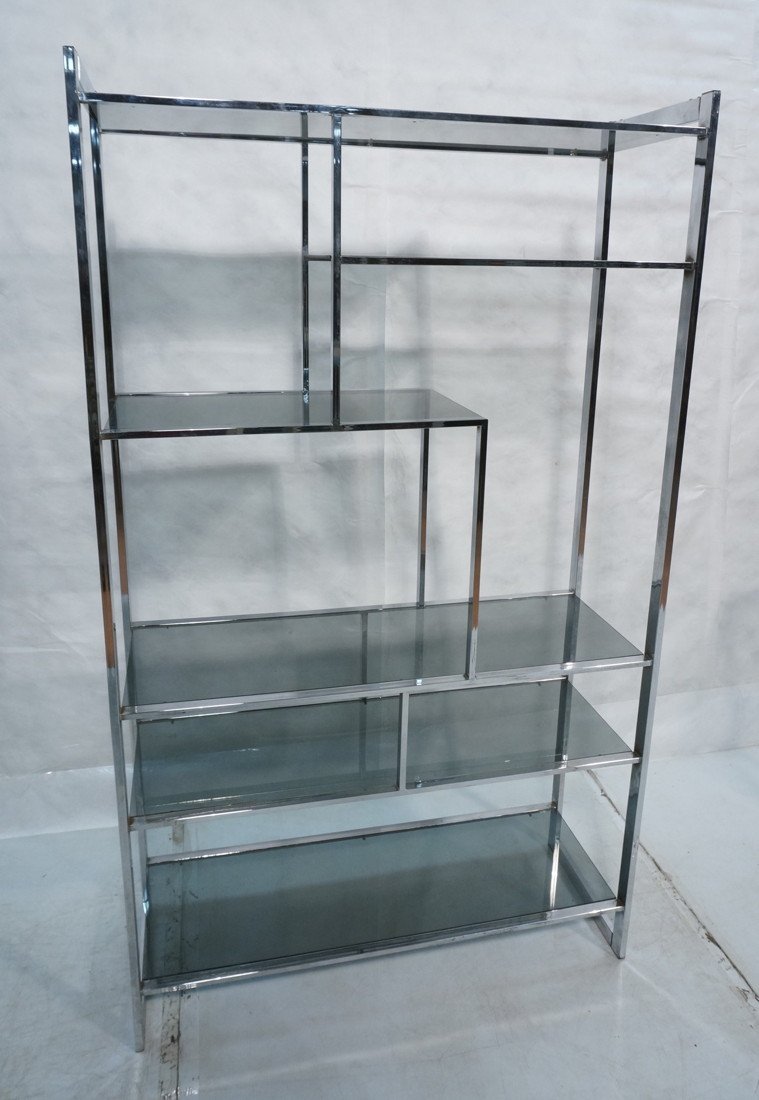 Milo Baughman Chrome Etagere with Smoked Glass Sh: Milo Baughman Chrome Etagere with Smoked Glass Shelves. Flat chrome frame.-- Dimensions: H: 72 inches: W: 62.25 inches: D: 16.25 inches ---