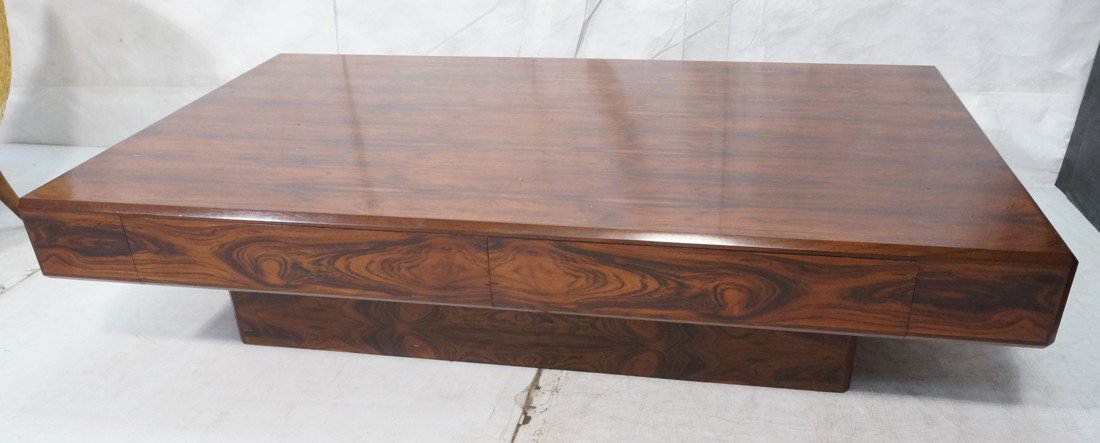 HK Rosewood Large Coffee Table with Two Drawers.: HK Rosewood Large Coffee Table with Two Drawers. Cocktail table. Label. Recessed base.-- Dimensions: H: 15 inches: D: 37.5 inches: L: 62.5 inches ---