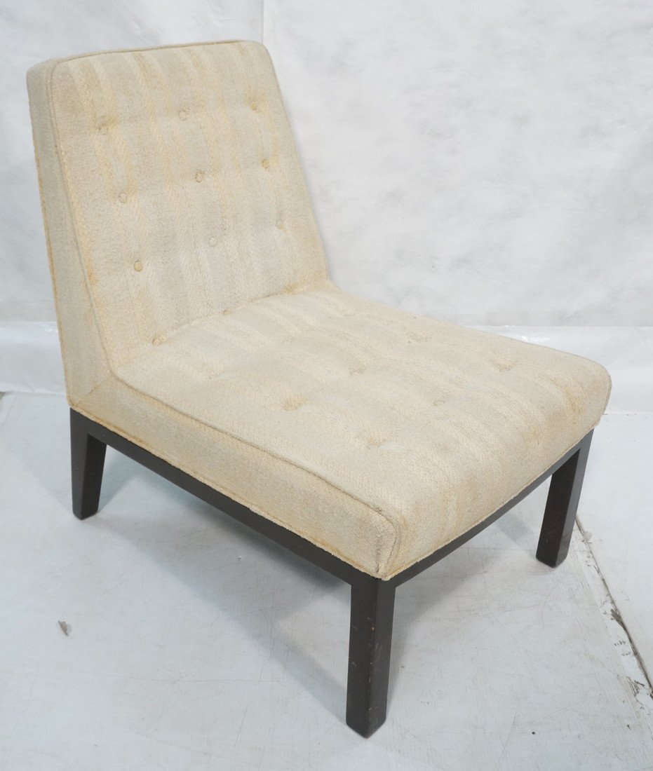 DUNBAR Cream Upholstered Slipper Chair. Dark woo: DUNBAR Cream Upholstered Slipper Chair. Dark wood finish frame. Lounge Chair. Metal tag. -- Dimensions: H: 32 inches: W: 24 inches: D: 29 inches ---