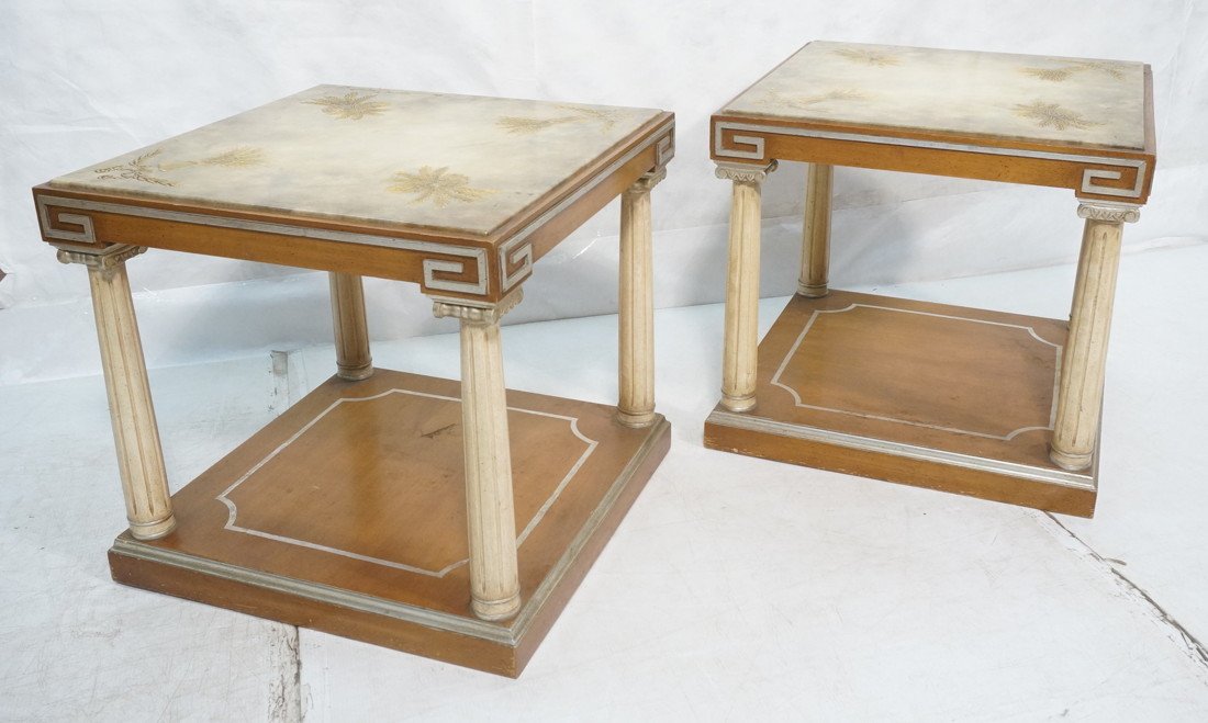 Pr GROSFELD HOUSE Regency style Side Tables. Leat: Pr GROSFELD HOUSE Regency style Side Tables. Leather tops with gilt embossed wheat shaft design. Fluted column legs with carved wood capital. Decorative Greek wall trim to skirt. Paint decorated lower