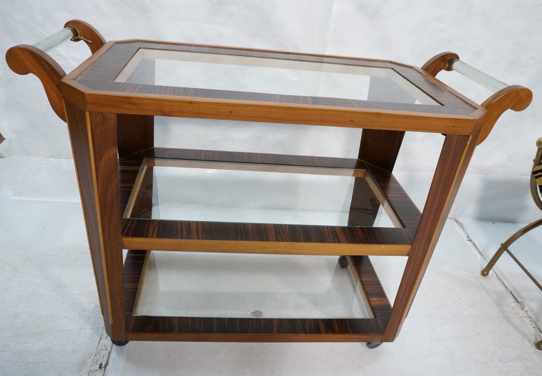 Handmade Rolling Tea Bar Cart. Wood with blond wo: Handmade Rolling Tea Bar Cart. Wood with blond wood trim accents. Inset glass tiers. Two Lucite handles. -- Dimensions: H: 28 inches: W: 38 inches: D: 17 inches ---