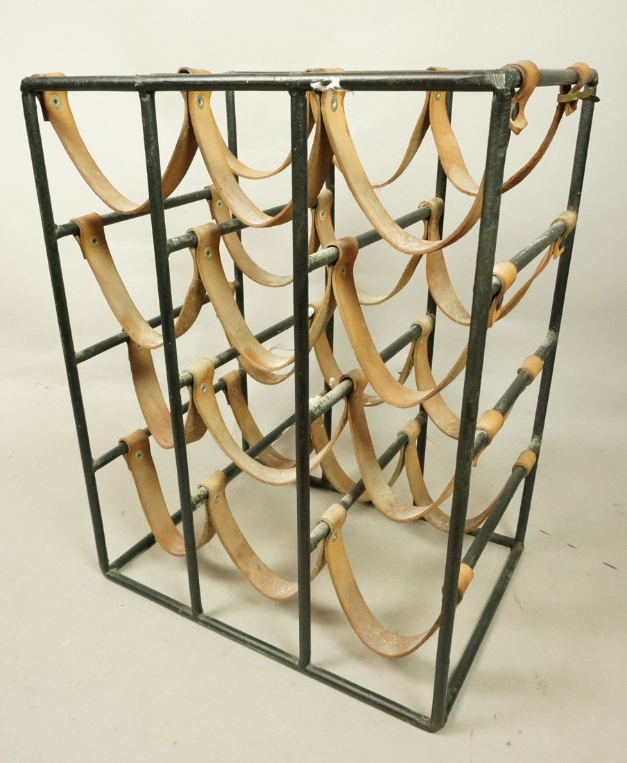 ARTHUR UMANOFF Iron & Leather Wine Rack. Mid Cent: ARTHUR UMANOFF Iron & Leather Wine Rack. Mid Century.-- Dimensions: H: 18 inches: W: 14 inches: D: 10 inches ---