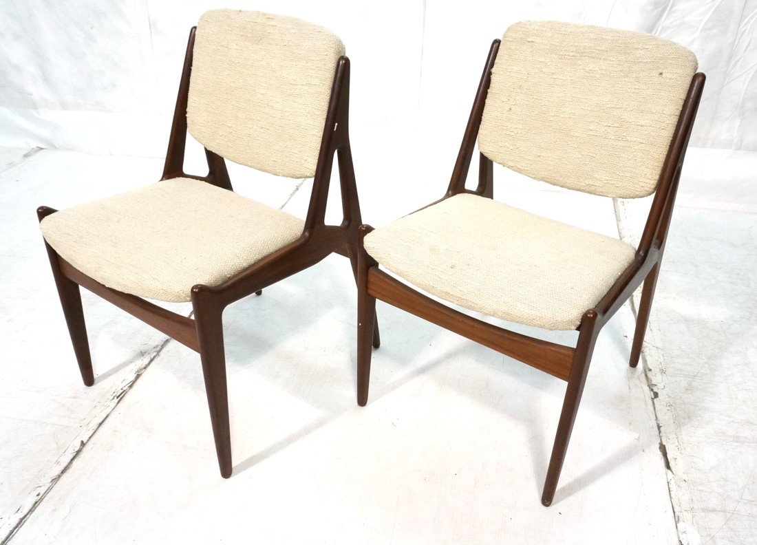 Pr Arne Vodder DAnish Teak Side Chairs.: Pr Arne Vodder DAnish Teak Side Chairs. Open triangle side. Cream Textured Fabric. Backs swivel. Not marked. -- Dimensions: H: 28 inches: W: 19.5 inches: D: 19.5 inches ---