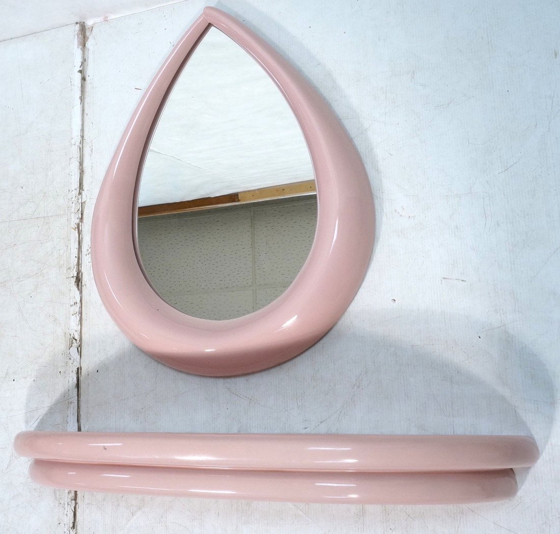 KARL SPRINGER style Pink Lacquered Wall Mirror Sh: KARL SPRINGER style Pink Lacquered Wall Mirror Shelf. Teardrop Mirror. Semi circle wall shelf. No marks.-- Dimensions: ---