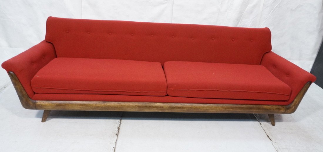 ADRIAN PEARSALL Walnut Sofa Couch. Reddish fabric: ADRIAN PEARSALL Walnut Sofa Couch. Reddish fabric upholstery. Walnut frame. Two seat cushions. -- Dimensions: H: 28 inches: D: 34 inches: L: 94 inches ---