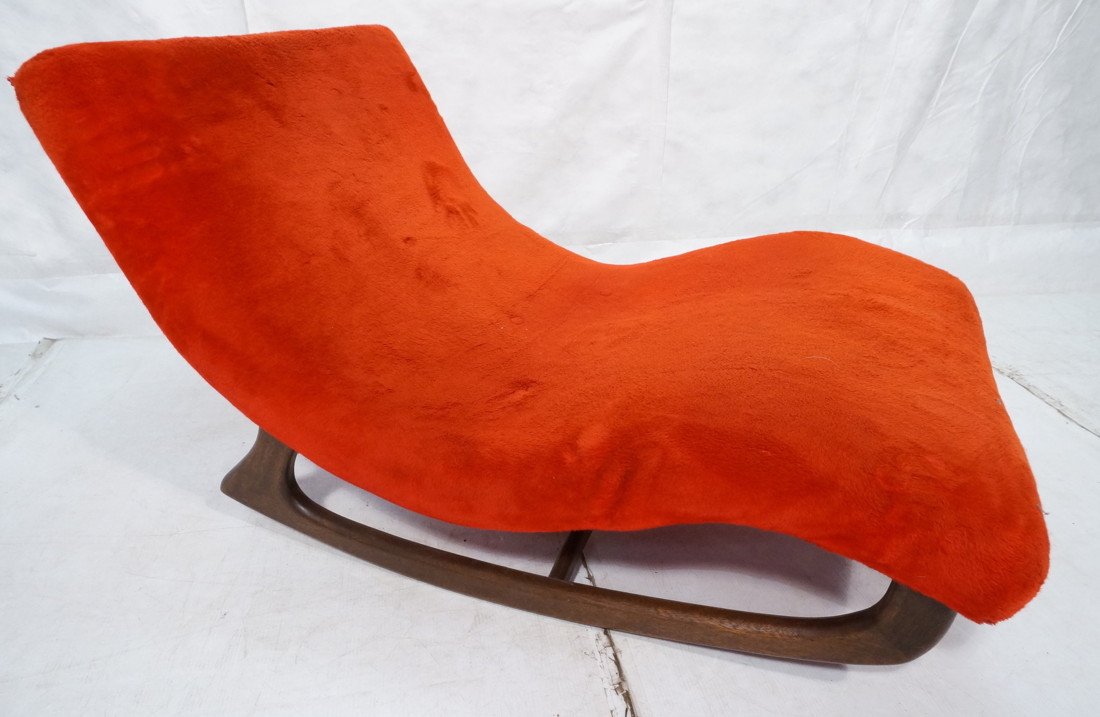 ADRIAN PEARSALL Rocking Chaise Lounge. Walnut fra: ADRIAN PEARSALL Rocking Chaise Lounge. Walnut frame. Red plush fabric. -- Dimensions: H: 25 inches: W: 37 inches: D: 59 inches ---